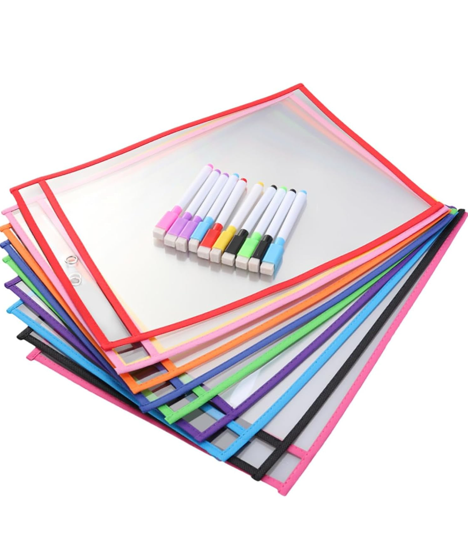 10Sets Reusable Dry Erase Pockets Transparent PVC Sewing Bags for School Accessories Includes Standard Bags and Pens for Worksheets and Templates