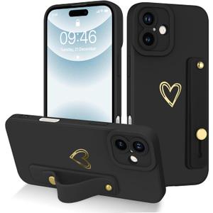 Fiyart Designed for iPhone 16 Case with Phone Holder Cute Love Hearts Pattern Slim Protective Camera Protection Cover with Wrist Strap Kickstand for Women Girls 6.1"-Black