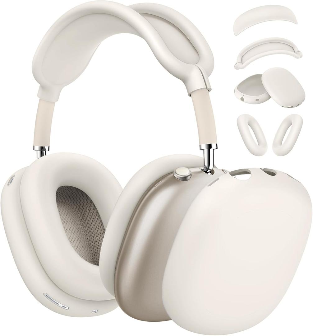 [4 in 1] Case for Airpods Max Headphones, Ear Pad Case Covers/Ear Cups Covers/Headband Cover for AirPods Max (2024/2020)(USB-C/Lightning), Accessories Silicone Cover for Apple Airpod Max, (Stone)