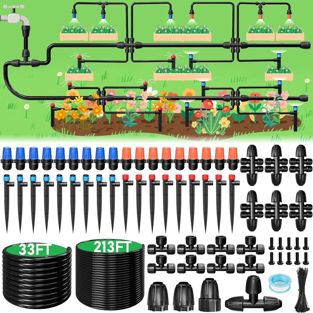246FT Drip Irrigation System, Automatic Drip Irrigation Kit with 1/2" Main Tube & 1/4" Branch Tubing, Adjustable Drip Emitters, Garden Watering System for Flower Bed, Raised Beds, Lawn, Greenhouses