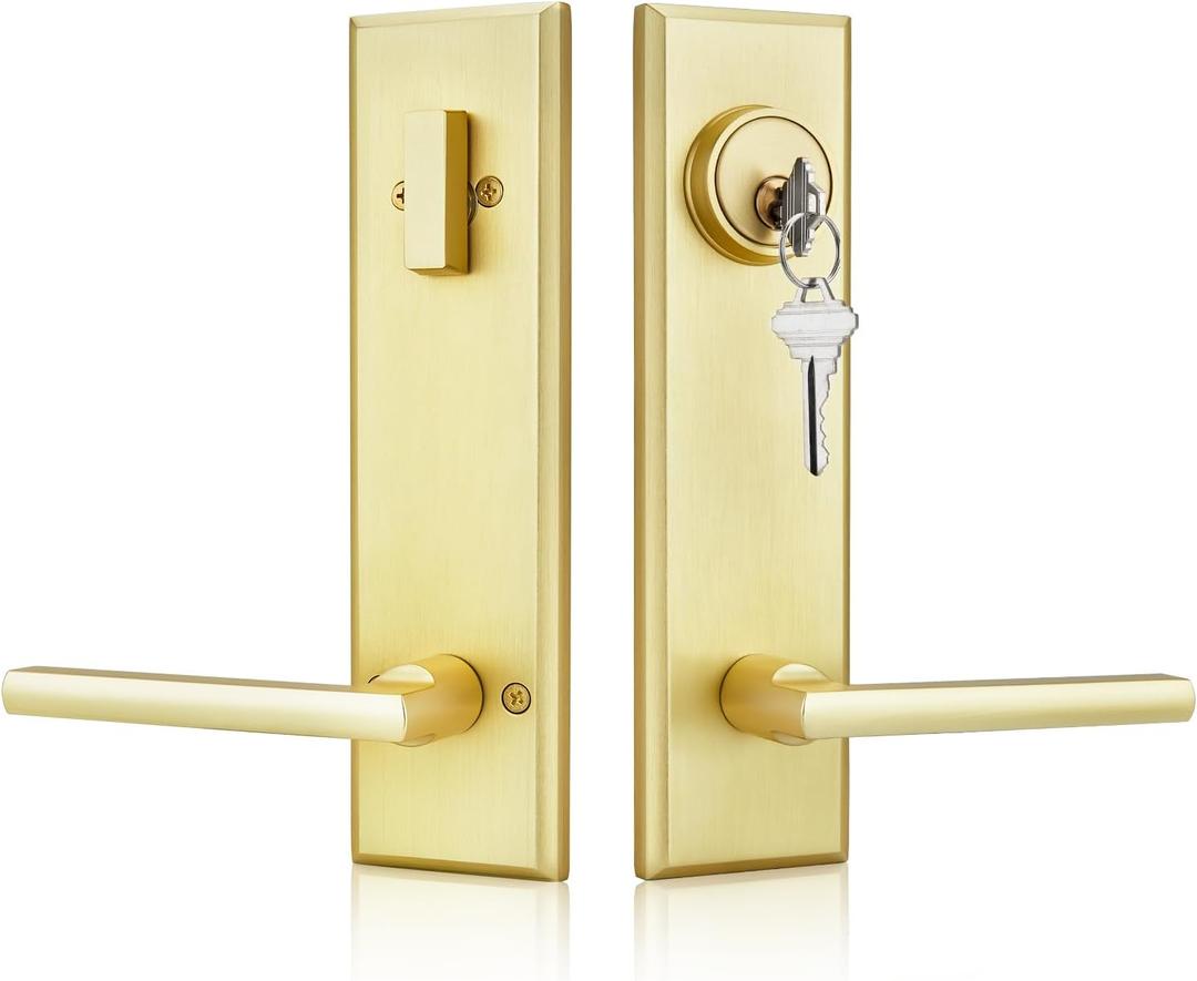 Haidms Gold Front Door Handle - Entry Door Lever and Deadbolt Set, Modern Brushed Gold Exterior Door Lock Set, Square Front Door Handles (1 Pack)
