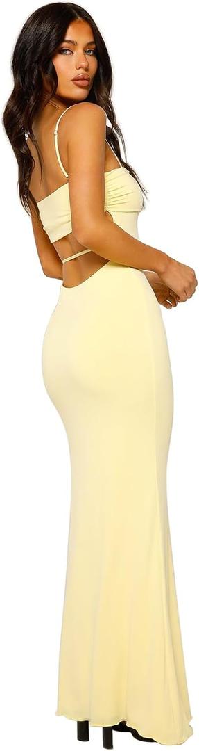 VANCOL Women's Cutout Backless Maxi Dress Sexy Sleeveless Tight Slip Spaghetti Strap Long Dresses (Medium, Yellow)
