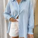 Women's Striped Button Down Shirts Long Sleeve Smocked Cuffed Oversized Boyfriend Blouses Collared Work No Pockets Tops (Blue, L)