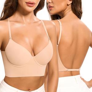 Low Back Bra for Women-Invisiable Backless Bras-Lightly Lined No Show Open Back Low Cut Bra Multiway Halter Bras (30C, Clay)
