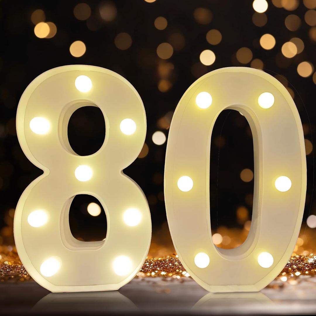 Led Light Up Numbers, 80th Birthday Decorations, Marquee Numbers Lights, Battery Powered Light Up Sign for 80 Decor Party (White)