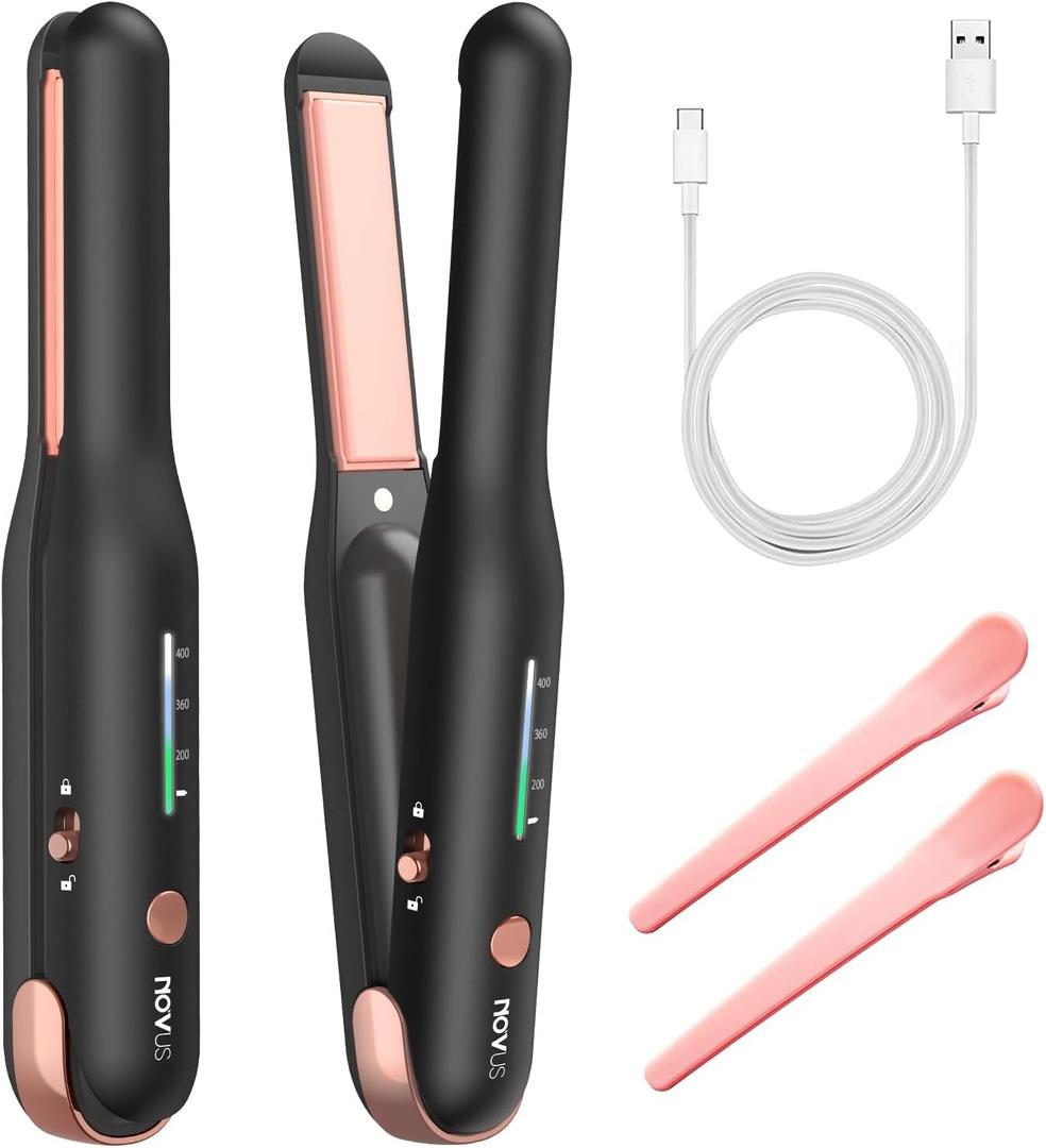 NOVUS Cordless Hair Straightener, for Fine Soft Hair/Short Hair, Portable Ceramic Hair Straightener and Curler 2 in 1, USB Rechargeable Cordless Flat Iron, Mini Size Straightener for Travel (Black)