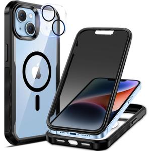 seacosmo for iPhone 14 Case, Full Body Bumper with Built-in 9H Tempered Glass Privacy Screen Protector and Camera Lens Protector, Compatible with MagSafe, Shockproof Phone Cover, 6.1", Black