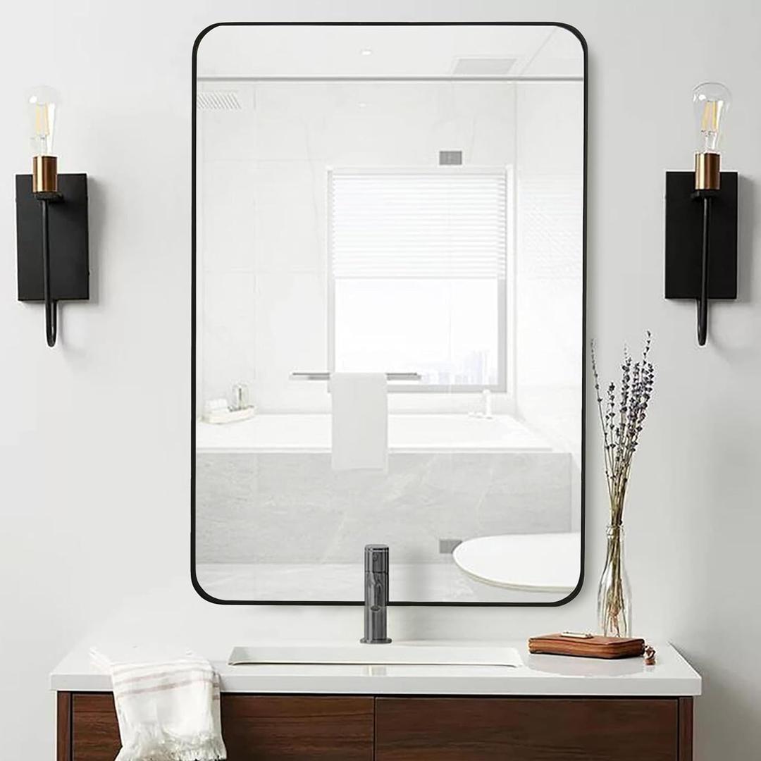 24x36 Inch Black Bathroom Wall Mirror, Modern Rectangle Mirrors with Tempered Glass for Bedroom Living Room or Entryway Horizontal/Vertical Hanging (36"L x 24"W, Black)