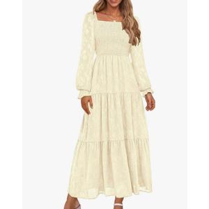 MEROKEETY Women's Fall Long Sleeve Floral Midi Dress Smocked Ruffle Tiered Square Neck Wedding Guest Dresses Pockets S