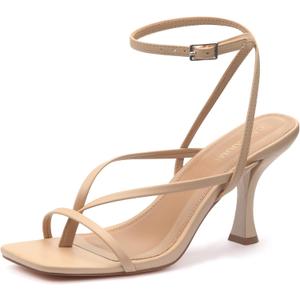 Carcuume Womens Kitten Heels Square Toe Thong Strappy Ankle Strap Stiletto Heel Sandals (6.5, Nude Pu)