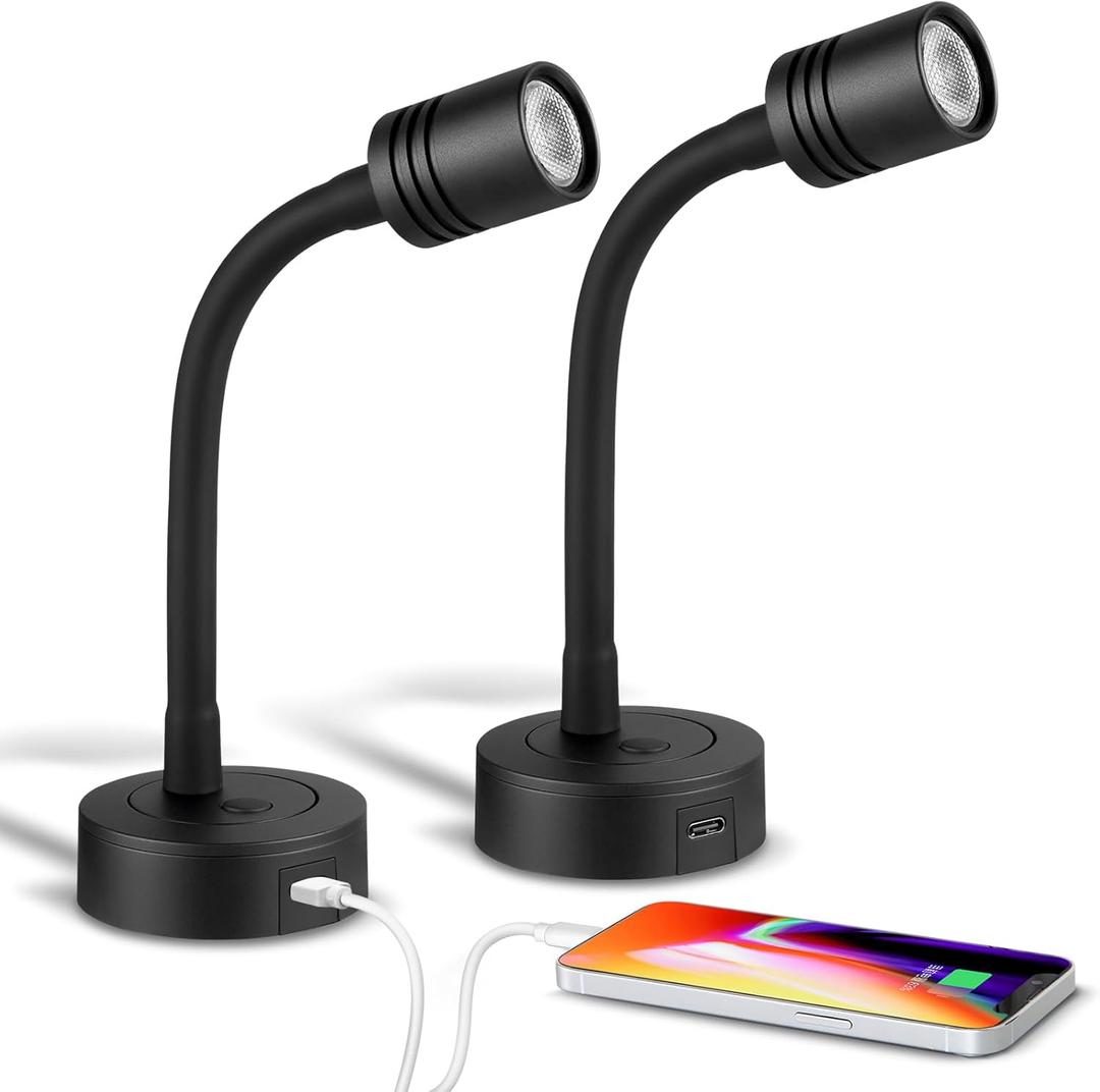 12V Dimmable Reading Light, RV Boat Bedside Reading Lamp, LED Reading Light for Camper Van Travel Trailer Truck Motorhome, Inbuilt USB-C Charger, Black Finish, 2 Pack