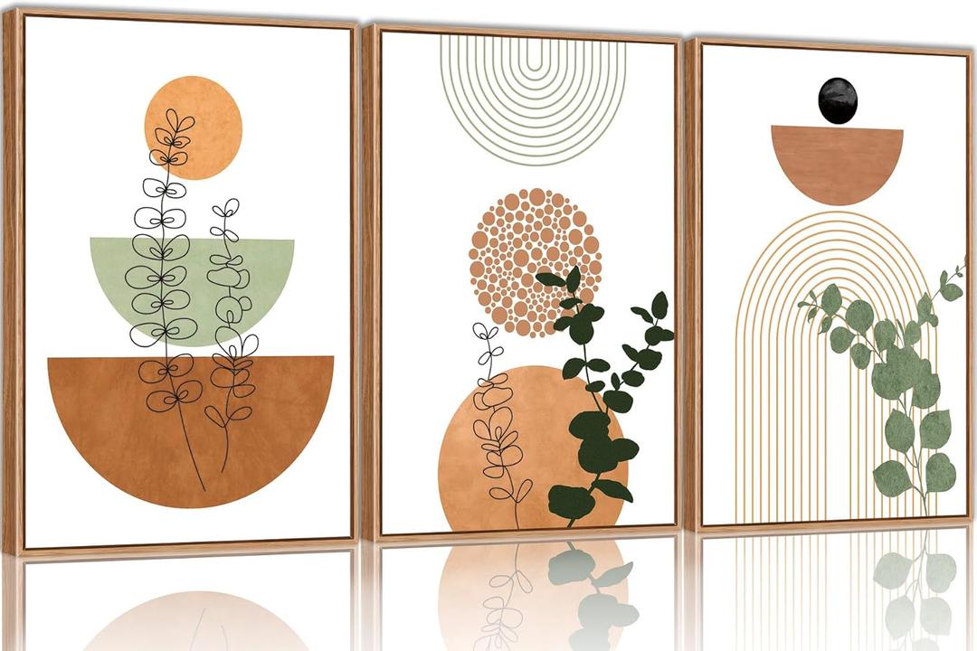 SIKERIC Framed Boho Wall Art Set of 3, (24x36 Inch) Neutral Boho Canvas Wall Art Prints, Mid Century Modern Wall Art Decor, Geometric Bohemian Art Painting for Living Room, Bedroom, Office