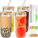 3 Pack Glass Cups Set - 24oz Mason Jar with Bamboo Lids and Glass Straw & 12 Airtight Lids, Brush - Glass Drinking Cups, Reusable Travel Tumbler Bottle for Iced Coffee, Smoothie, Bubble Tea, Gift (Style2)