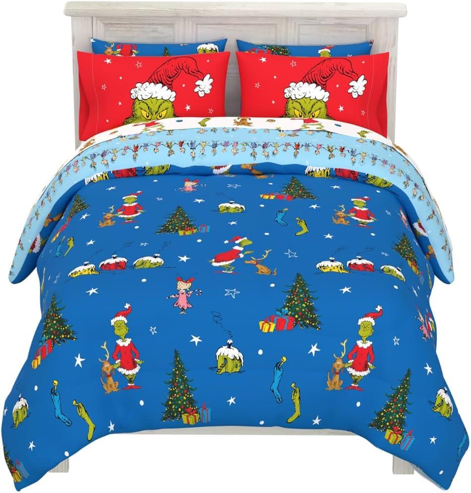 Franco Grinch by Dr. Seuss Holiday & Christmas Bedding Super Soft Comforter and Sheet Set with Sham, 7 Piece Queen Size (Official Dr. Seuss Product)