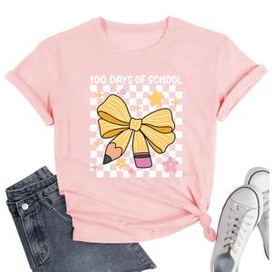 100 Days of School Shirt for Kindergarten Teacher: Bow Pencil Shirts,Teacher Appreciation Short Sleeve Shirts, Pink 3T