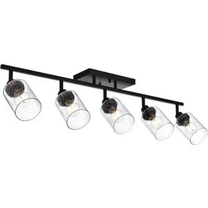 5-Light Black Track Lighting Kit Ceiling Mount Kitchen Track Lighting Fixtures, Bathroom Ceiling Tracking Vanity Light with Bubble Seeded Glass Shade & Rotatable Tracking Heads for Accent Shop