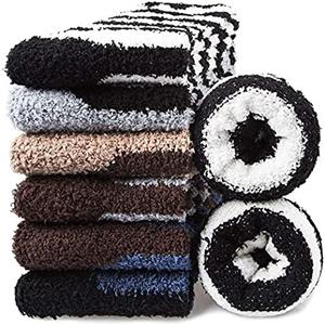 Mens Fuzzy Socks, Warm Winter Fluffy Cozy Slipper Fleece Socks for Men (Large, B-dark Pinstripes(6 Pairs))