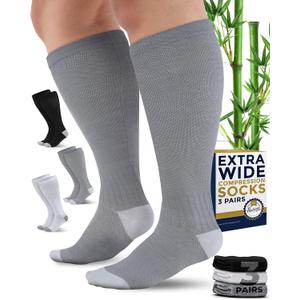 Pembrook 3 Pairs Plus Size Compression Socks Wide Calf - 15-20 mmHg Bamboo Viscose Knee High Socks, Compression Men xxl, Black, White, Gray