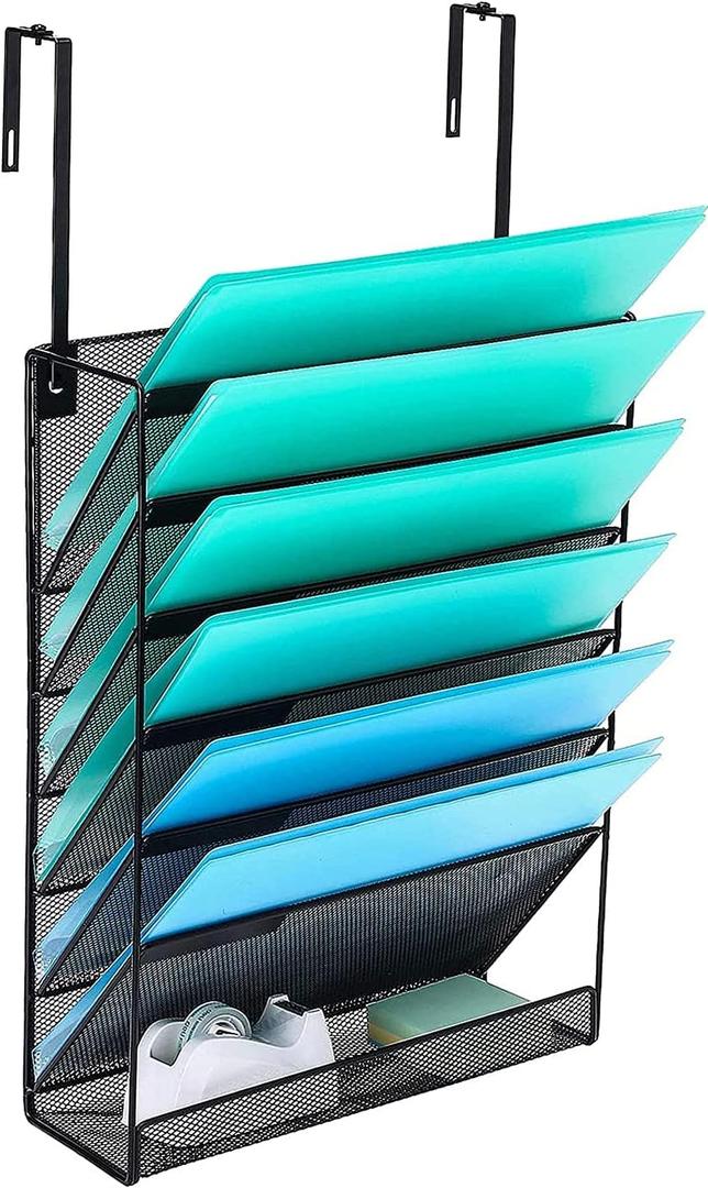 7-Compartment Wall Mounted Hanging File Organizer Cubicle Wall File Holder Vertical Document Organizer for Office Home, Black