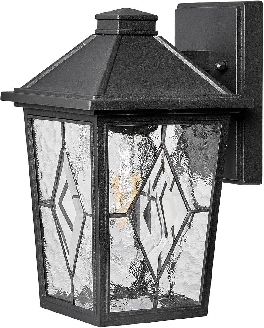 Exterior Waterproof Wall Sconce Light Fixtures Outdoor Wall Lights in Black Finish Outdoor Wall Sconce Lights with Water Ripple Handmade Glass 11 Inch Height