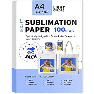 Printers Jack Sublimation Paper - Heat Transfer Paper 100 Sheets 8.3" x 11.7" for Any Epson HP Canon Sawgrass Inkjet Printer with Sublimation Ink for T shirt Mugs DIY