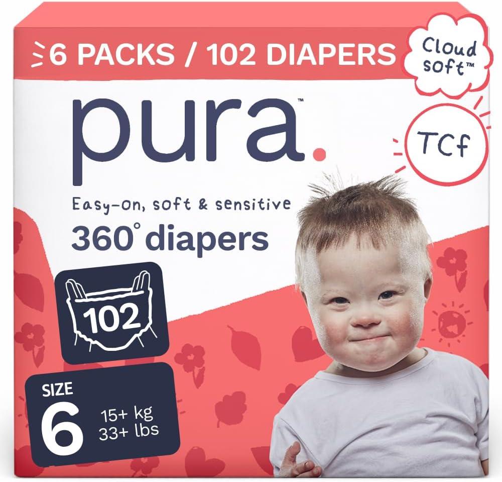 Pura 360 Diaper Pants Size 6 (33+lbs) 102x Stretchy Night Time Pull Ups, 12 Hour Overnight Leak Protection, Soft Cotton, Organic Baby & Toddler Disposable Diapers, Hypoallergenic for Sensitive Skin