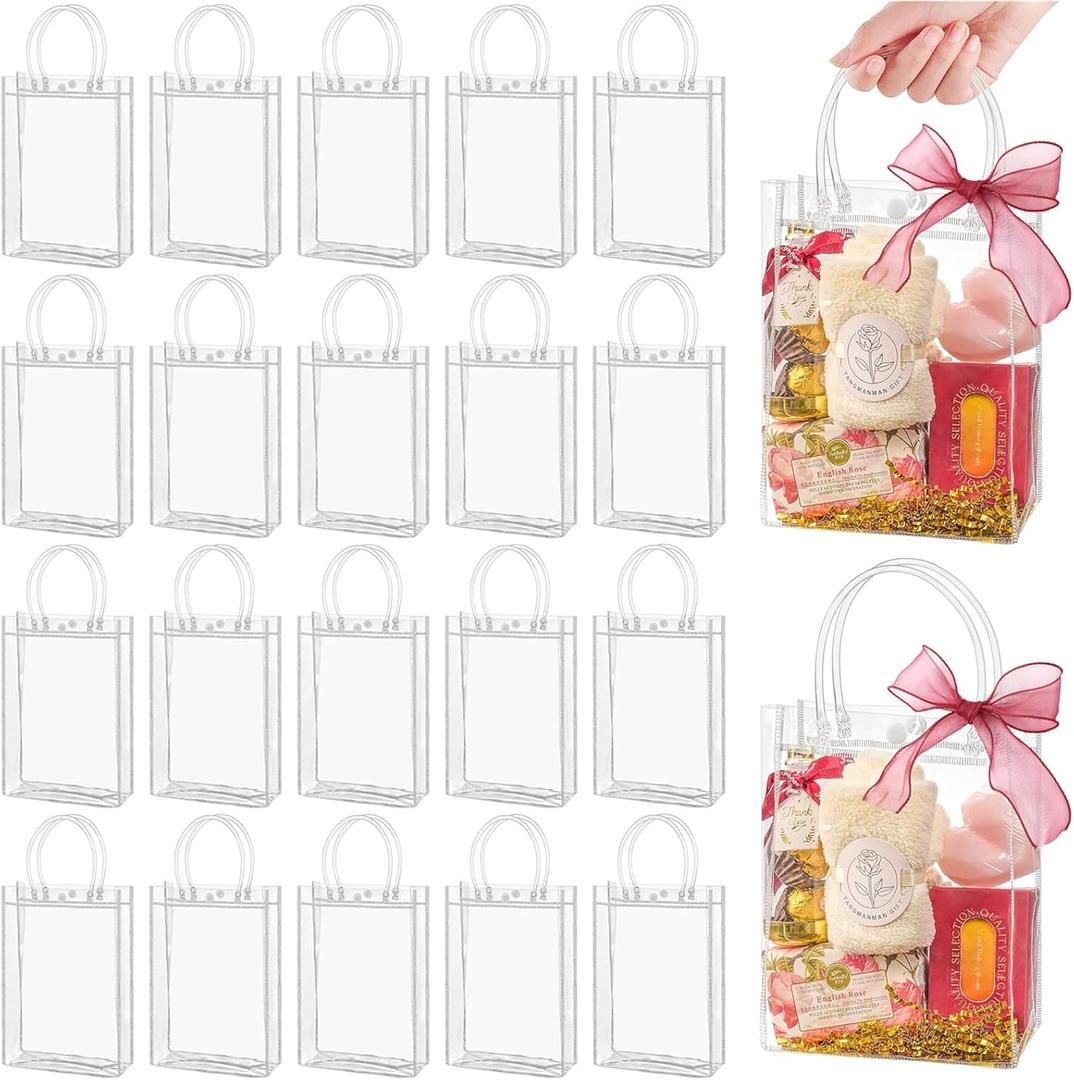 Jutieuo 24 PCS Clear Gift Bags with Handles, 5.9 x 7.9 x 2.8 Inches Reusable Plastic Goodie Bag Transparent Party Favor Bags Bulk for Weddings Birthdays Events, Classrooms & Celebrations