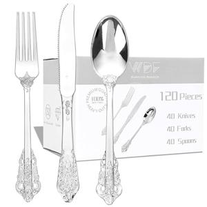 WDF 120PCS Silver Plastic Silverware - Heavy Duty Silver Plastic Cutlery Set - 40 Forks, 40 Spoons, 40 Knives, Perfect for Parties Weeding Baby Shower Spring