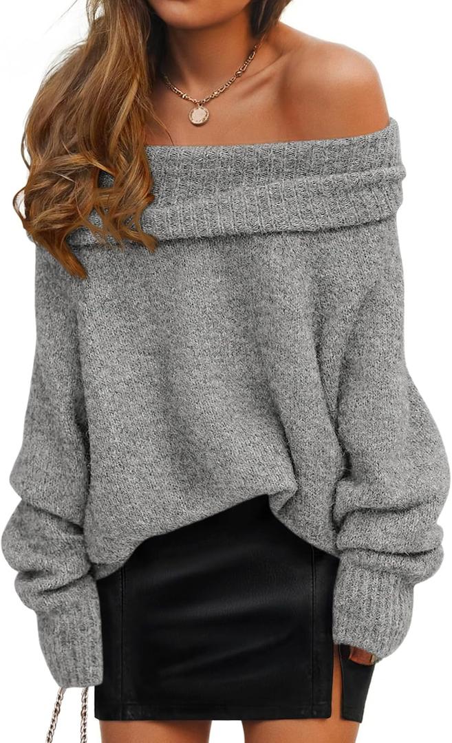 ZESICA Women's Off The Shoulder Spring Sweaters Oversized Long Sleeve Pullover Tops 2026 Fashion Outfit Clothes (Gray, M)