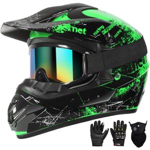 SPARK Dirt Bike Helmets Kids Motorcycle Helmet Youth ATV Motocross Full Face Men Women Off-Road Mountain Bike Helmet Adult with(Gloves Goggles Mask) DOT Approved 4Pcs Set (Medium, Green)