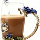 Gifts for Mom Women Unique Blue Tea Mug With Spoon Set & Flower Decoration - Top Birthday Christmas Gifts For Women Mom Who Has Everything (Rose Blue Coffee Cup, 12 OZ)