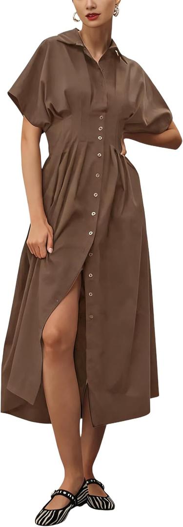 Yeokou Shirt Dress for Women Summer Casual Short Sleeve Button Down Loose Pleated Maxi Sundress with Pockets (Brown, XS)