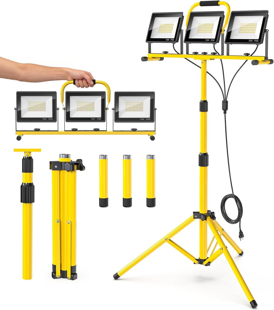 LED Work Lights with Stand: 3 Head Adjustable Work Light with Individual Switch, IP66 Waterproof Foldable Outdoor Tripod Light for Job Site Construction Lighting, Tool Gifts for Men