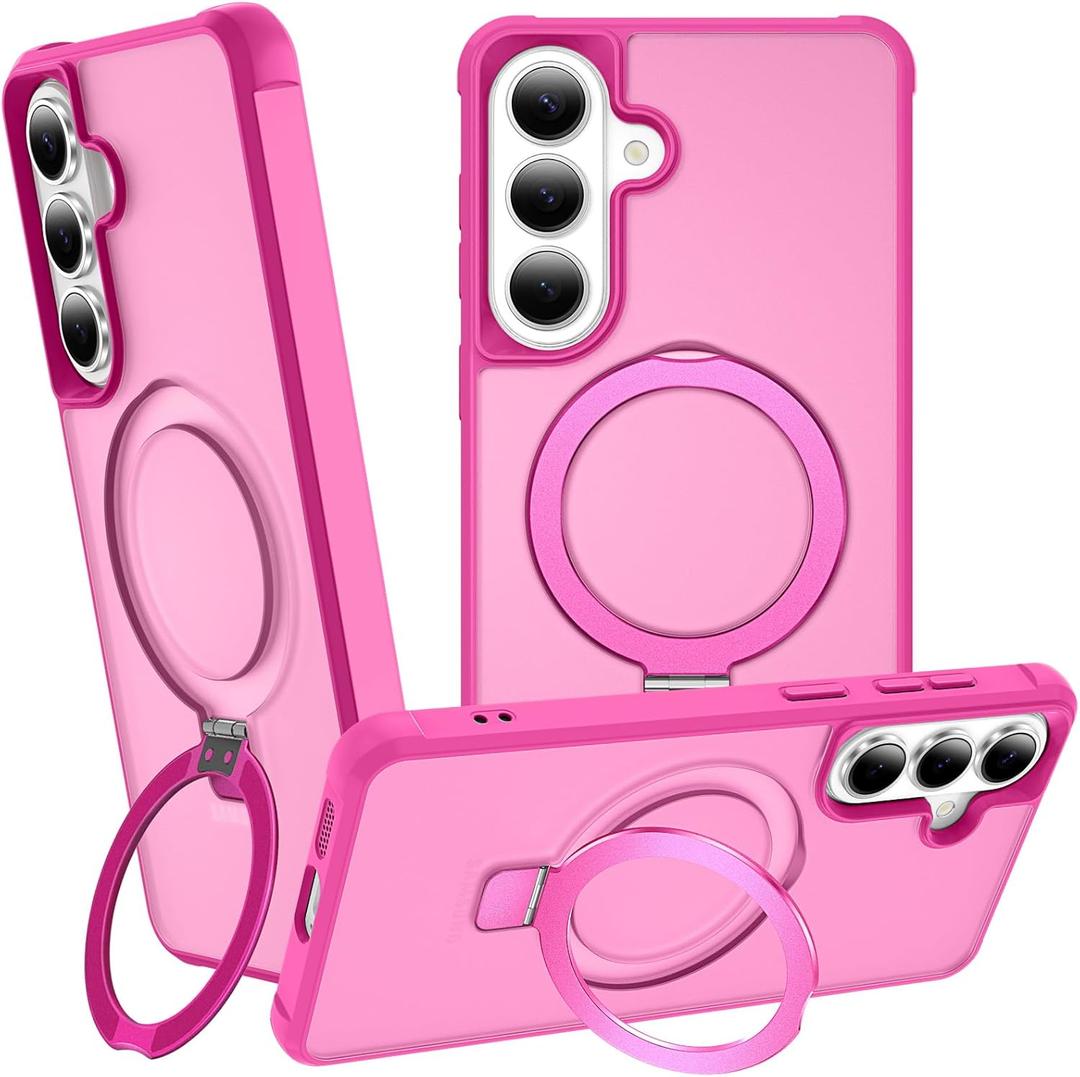 Magnetic Compatible with Samsung Galaxy S25 & S24 Case with Stand [Military Grade Drop][Compatible with Magnet] Ring Holder Translucent Slim Hard Back Soft Edge, Rose Red