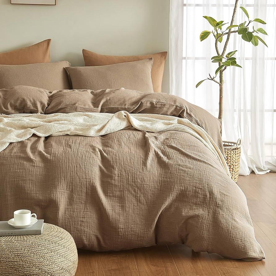SE SOFTEXLY Muslin Duvet Cover Queen Size, 100% Washed Cotton Duvet Cover Set, Ultra Soft Comforter Cover Linen Like, 3 Pieces Minimalist Gauze Duvet Cover with 2 Pillowcases, 80"x90", Light Brown