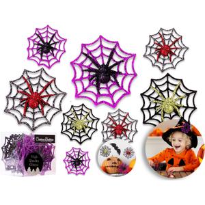 Christmas Traditions Set of 12 Pcs Designer Original 4 inch 3D Halloween Spider Ornaments on Web Glittered for Tree/Door/Window/Wall, Indoor/Outdoor use Party Decorations 3 Colors asst