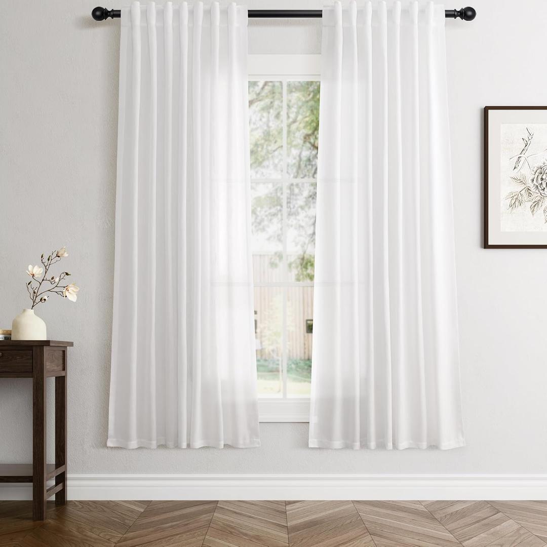 Linen White Curtains 63 inches Long for Bedroom Back Tab Privacy Light Filtering Semi Sheer White Boho Farmhouse Curtain Textured Modern Elegant Coastal Decor Curtains for Living Room