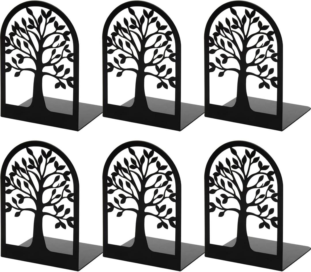 Happyhapi Book Ends, Metal Book Ends to Hold Books, Tree Decorative Bookends for Shelves, Black Book Stopper Bookend for Heavy Books, Book Holder for Shelf Home Office, 6.8 x 4.7 x 3.5(3 Pair/6 Pcs)