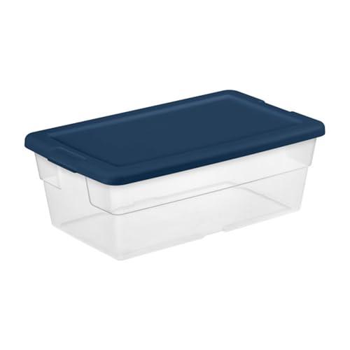 Sterilite Stackable 6 Quart Clear Home Storage Box with Handles and Blue Lid for Efficient, Space Saving Household Storage and Organization, 2 Pack