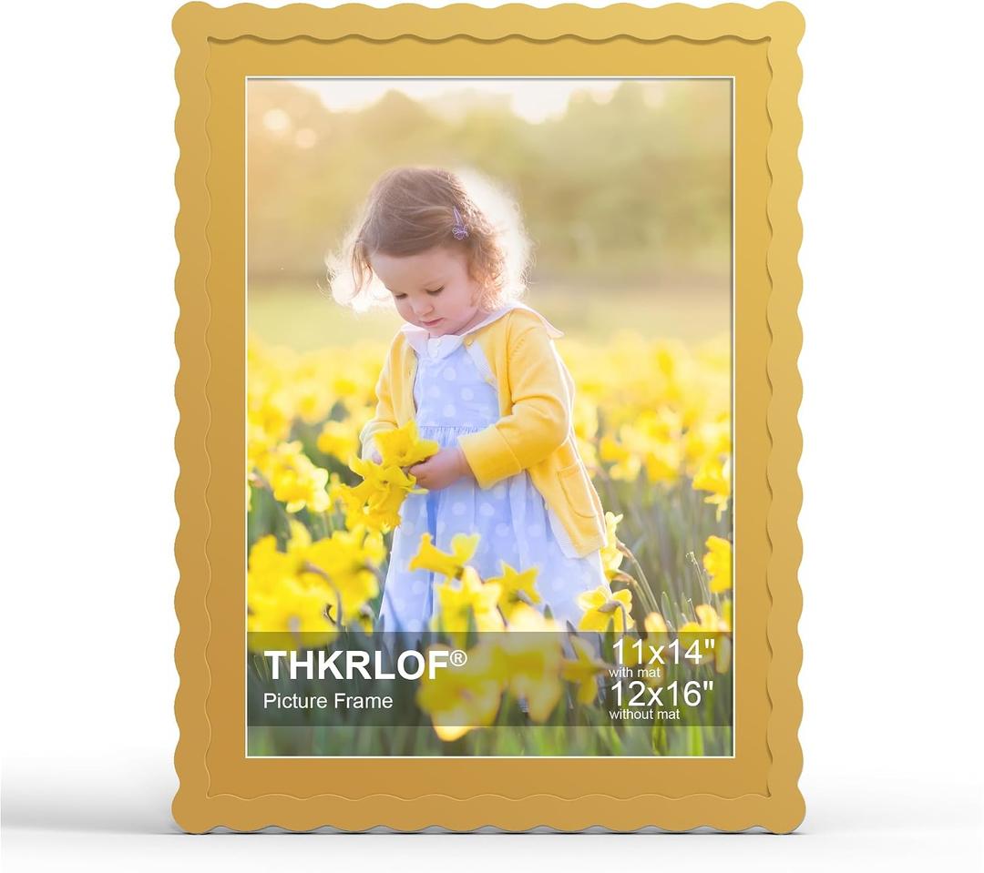 12x16 Picture Frame with Mat for 11x14, Wavy Edge Wooden Real Glass Photo Frame for Wall Hanging, Yellow, 1 Pack