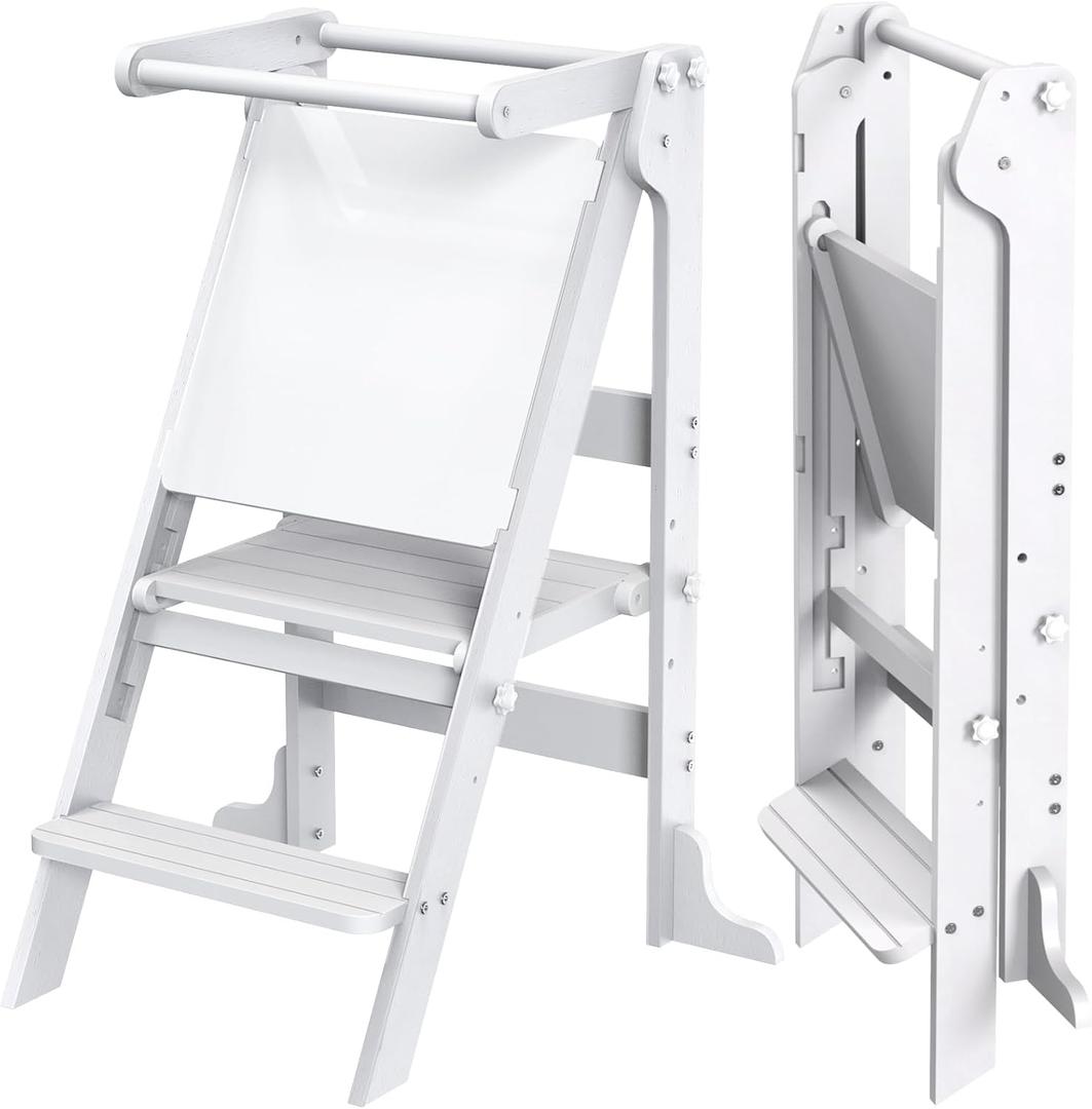 Toddler Tower Foldable with 3 Adjustable Heights & Double-Sided Drawing Board, Montessori Kitchen Step Stool Helper, Learning Stool with Safety Rail, Standing Tower for Counter Bathroom Sink (White)