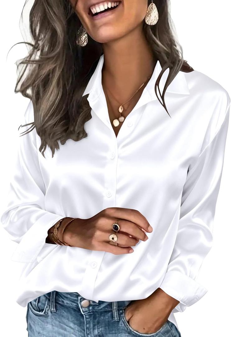 Zeagoo Satin Blouses for Women Silk Button Down Shirts Long Sleeve Business Casual Tops (Small, Aa-white)