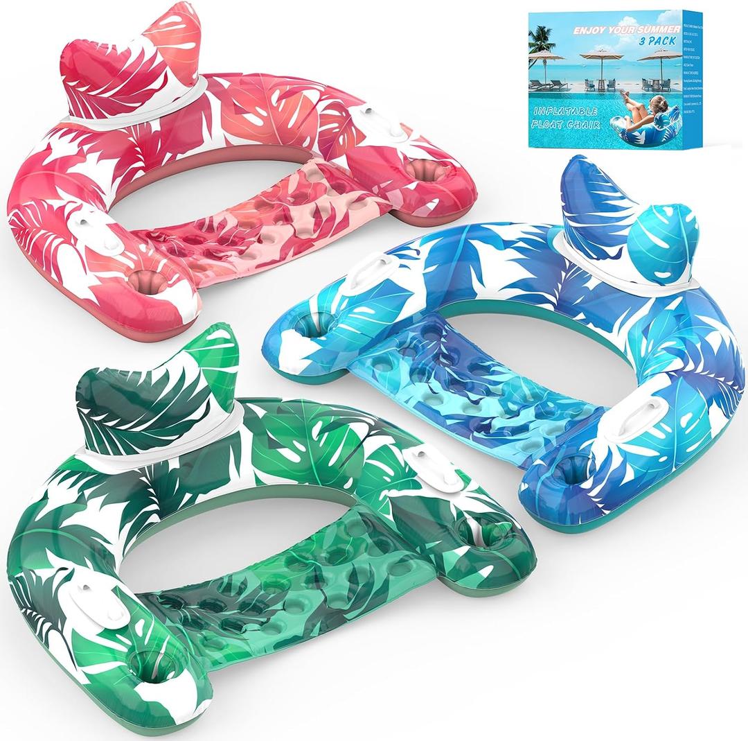 KEUCL Pool Floats, 3 Pack Inflatable Pool Float Chairs with Cupholders & Handles, Pool Floats Adult & Kids Perfect for Pool Lake & Rivers, Pool Toys Party, Relaxing Inflatable Chair for Swimming Pool