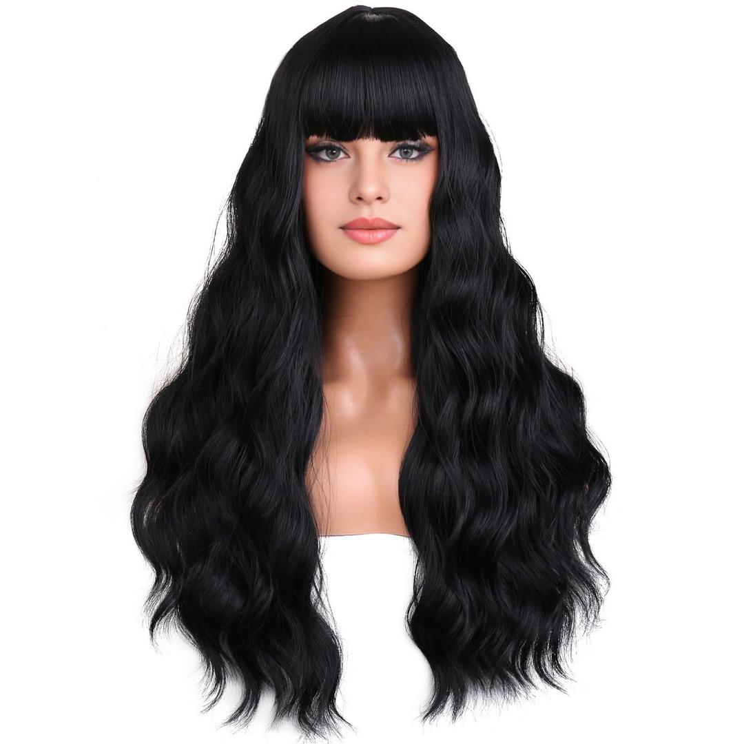 BERON 26 Inches Black Wig Long Curly Black Wig with Bangs for Women Daily Party Hairnet Include