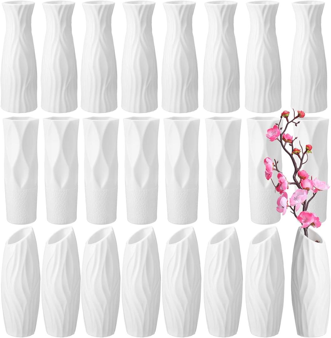 Mimorou 24 Pcs Composite Plastic Flower Vase Ceramic Look Decorative White Unbreakable Plastic Vases for Flower Centerpieces for Living Room Table Home Decor(Stylish Style)