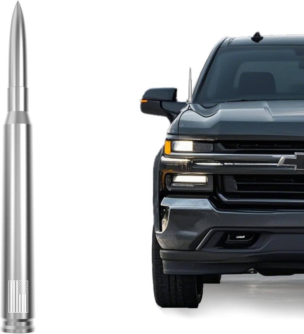 8 x American Flag Car Bullet Antenna Short Replacement for GM Chevy Silverado GMC Sierra 1500 2500 3500 HD Avalanche Denali, Anti Theft Design & Carwash Safe, Pickup Trucks Car Accessories (Chrome) 7inch