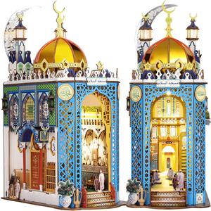 DIY Book Nook Kit, 3D Wooden Puzzle Mosque Miniature Booknook Bookend Bookshelf Decor with LED Light, The Tiny House for Adults Teen, Dollhouse Kit (Mosque)