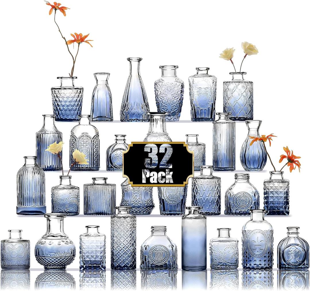 Arme Bud Vases Set of 32, Blue Vase for Centerpieces, Clear Bud Vase in Bulk, Mini Flower Vintage Cute Vases for Centerpieces, Small Glass Vases for Wedding Decor, Home Table Flower Dcor