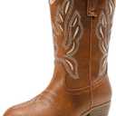 Cowgirl Boots for Little Girls Mid Calf Pointed Toe Kid Cowboy Boots Side Zipper Classic Embroidered Western Boots Horse Riding Shoes Party for Toddler Little Big Kids (Reddish Brown), Size: 5 Big Kid