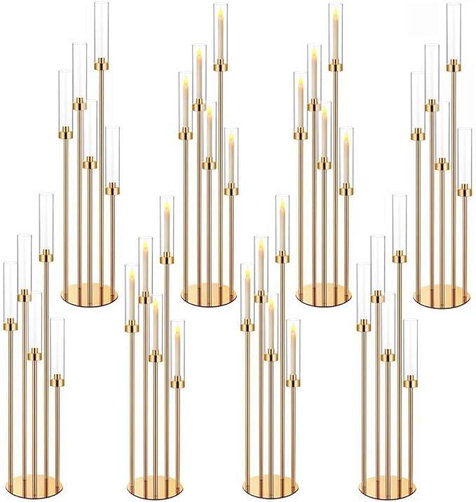 Gold Arm Floor Candelabra Floor Candle Holders Metal Candle Holders with Acrylic Lampshade Candlestick Centerpiece for Electronic Wedding Home Party Decoration 7 Pack